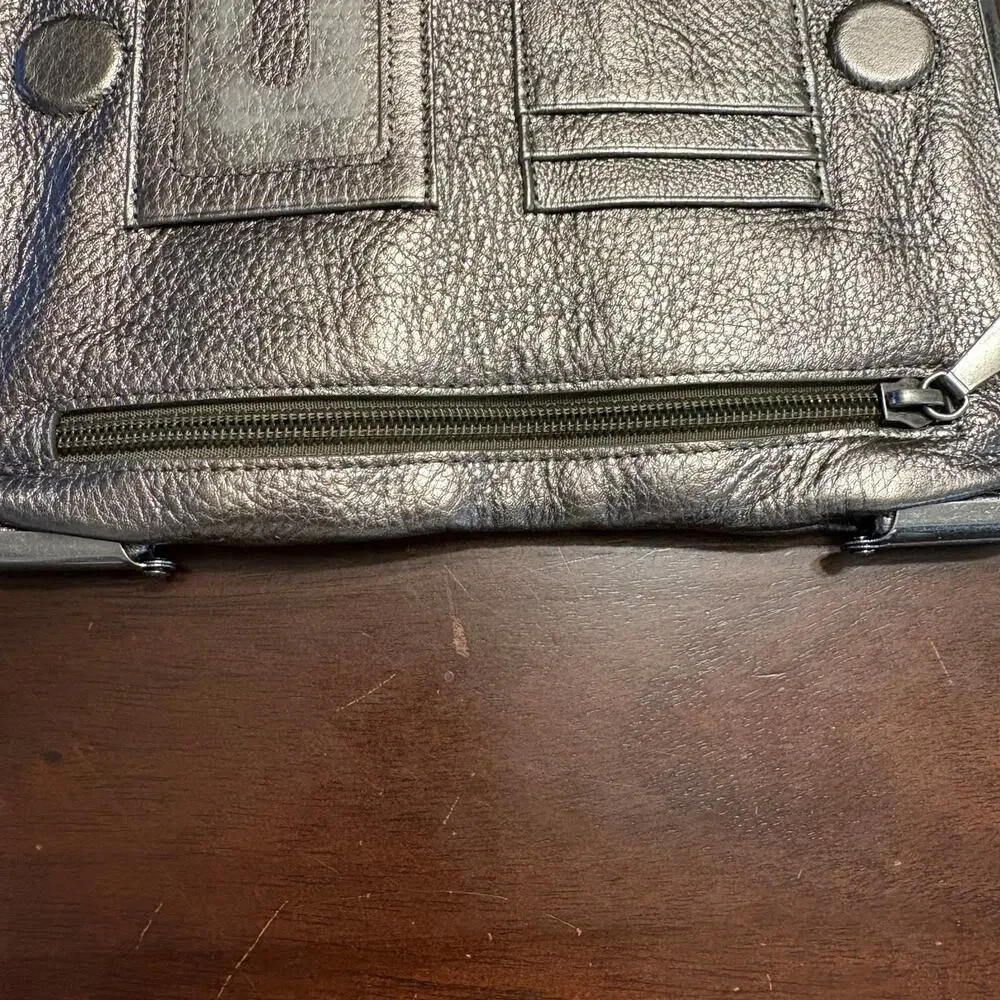 HOBO Lauren Leather Clutch Wallet Pewter Gray Metallic Double Kiss Lock Studded